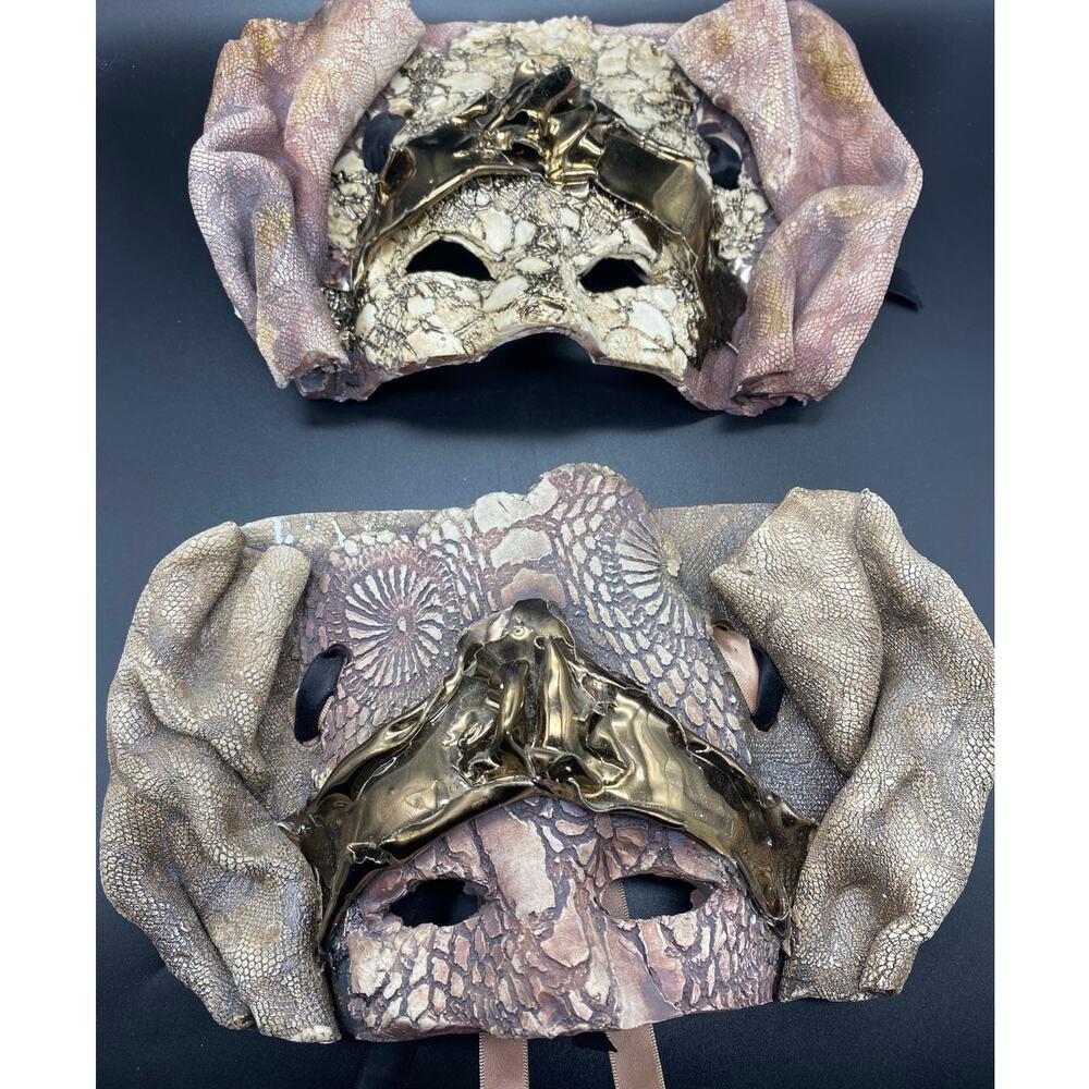 Vintage Pair Signed studio pottery Mask Ceramic raku venetian New Orleans Art